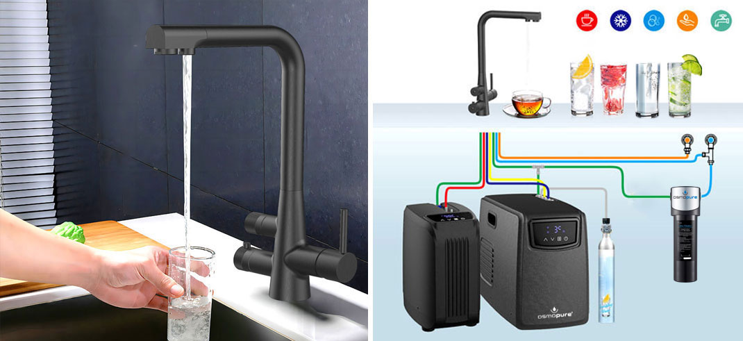 5in1 Wasserhahn mit gekühltem Sprudelwasser, Soderwasser, Tafelwasser Untertischgerät, gekühltem stillen Wasser, kochend heißem Wasser und normalen vorhandenem kalten und warmen Wasserauslauf mit Auslauftrennung.