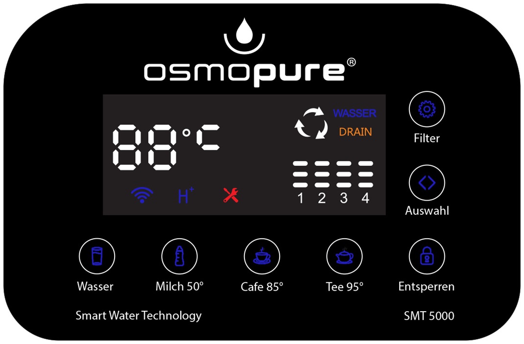 Bedienung am Display der Osmopure SMT 5000 Auftisch Osmoseanlage