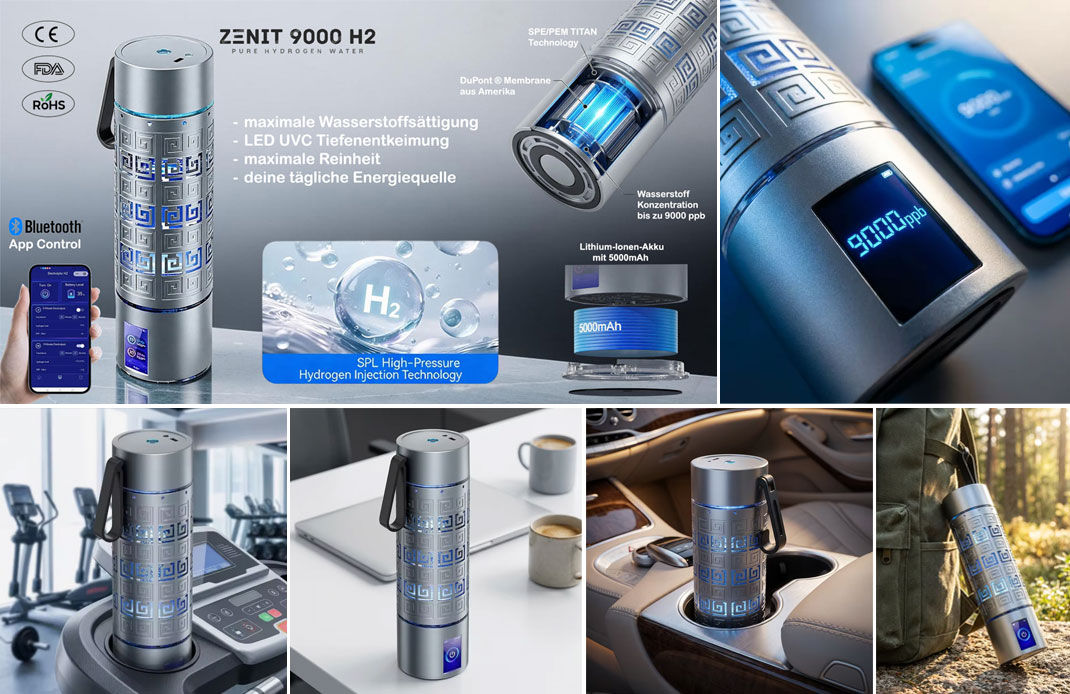 Wasserstoff Trinkwasserflasche, Wasserflasche mit Hydrogenem Wasser-Trinkwasser, der ZENIT 9000 H2 Wasserstoffgenerator als Ultra‑Premium Wasserstoff‑Trinkflasche mit bis zu 9000 ppb Wasserstoffsättigung, leistungsstarkem 5000 mAh Power‑Core Akku, LED‑UVC Tiefenentkeimung, App‑Control, Touch‑Bedienung, automatischer Selbstreinigung, USB‑C Ladefunktion und kabellosem Induktiv‑Laden. Hochreine Borosilikat‑Glasflasche mit stoßsicherer Aluminiumummantelung für maximale Hygiene, Reinheit und Wasserstoff‑Effizienz. Premium‑Hydrogen‑Technology für gesundheitsorientierte Anwender, die höchste Qualität, Sicherheit und technische Performance suchen. Hydrogen Bottle, Hydrogen Water Generator, High‑End Hydrogen Technology, Premium Wasserstoffflasche und modernes Hydrogen‑Health‑Lifestyle.